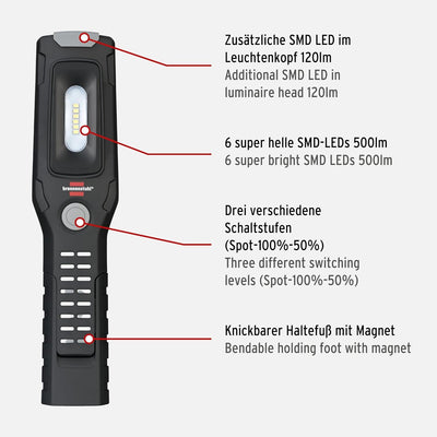 Brennenstuhl Akku Handleuchte HL 500 A/Arbeitsleuchte LED Akku mit Magnet und 6 SMD-LED´s (Inspektio
