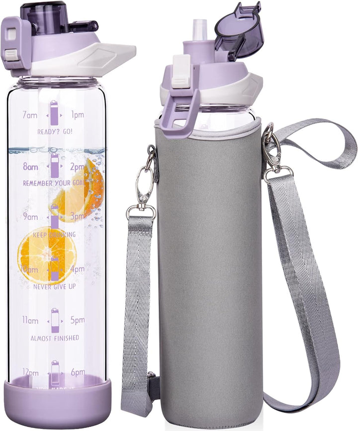 Seekua 1l Sport Trinkflasche Glas Flasche mit Strohhalm & Zeitmarkierung auslaufsicher bpa frei 1 li