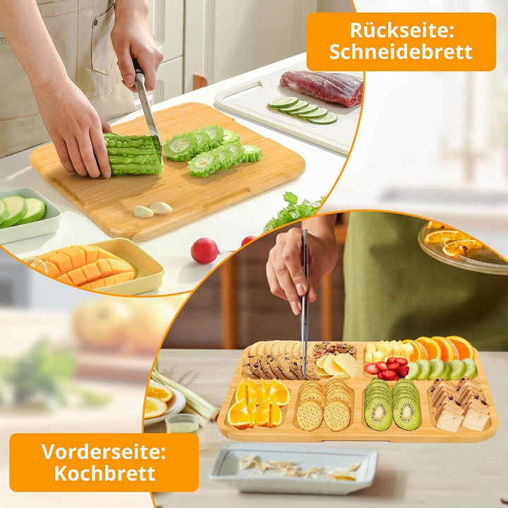 BigKing Serviertablett aus Bambus, Aperitiftablett mit Deckel und 6 Schlitzen, Bambusbrett für Käse,