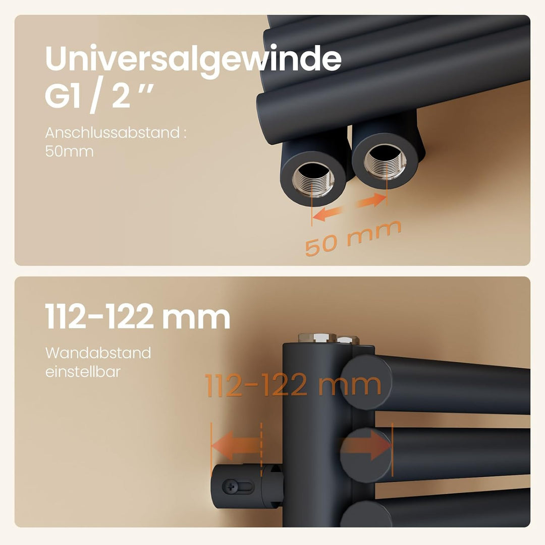 EMKE Design Rundrohr Handtuchheizkörper 1660x600 mm, Badheizkörper Handtuchhalter mit Seitenanschlus