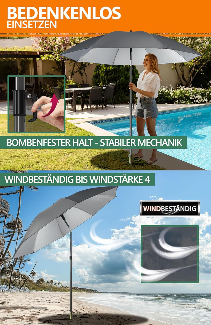 4smile SunnyJoy 3-IN-1 Set mit Sonnenschirm Strand in Anthrazit - Strandschirm windfest stabil 180 c