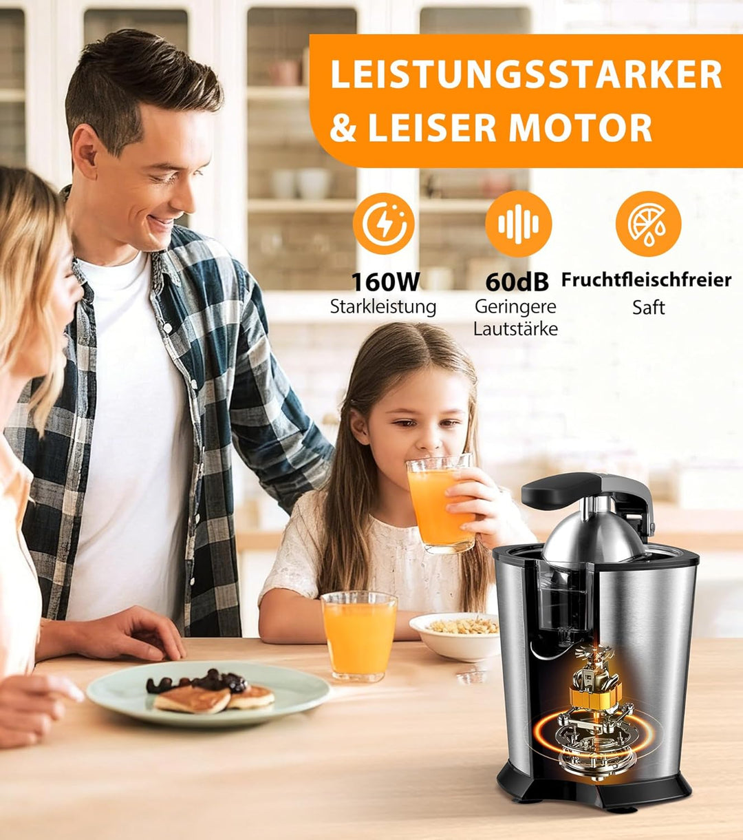 Elektrischer Zitruspresse, Zitrusentsafter mit 2 Aufsätzen und Soft-Griff für müheloses Entsaften, G