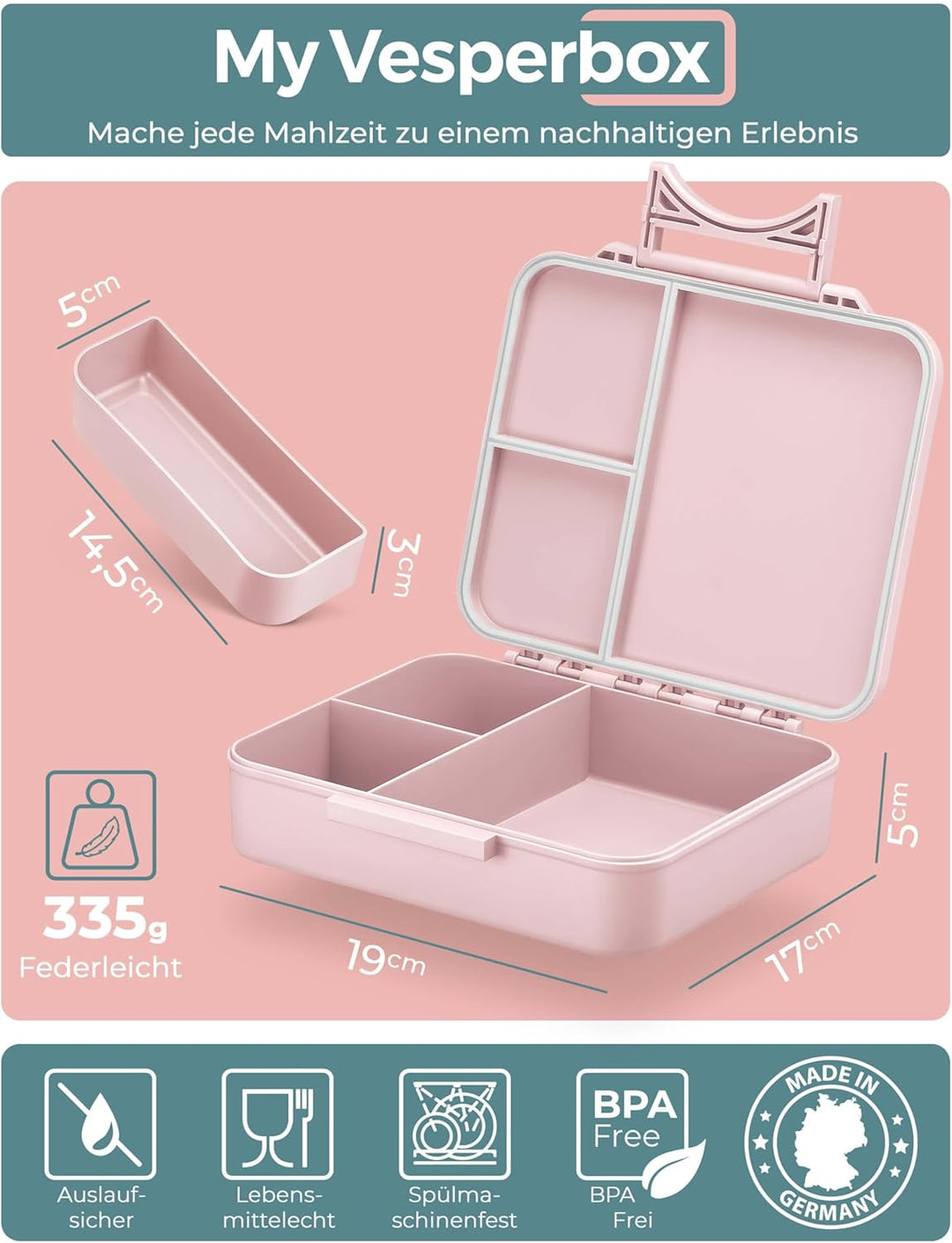 My Vesperbox® Brotdose für Kinder mit Fächern Liv [MADE IN GERMANY] - Lunchbox mit Trennfächern - Be