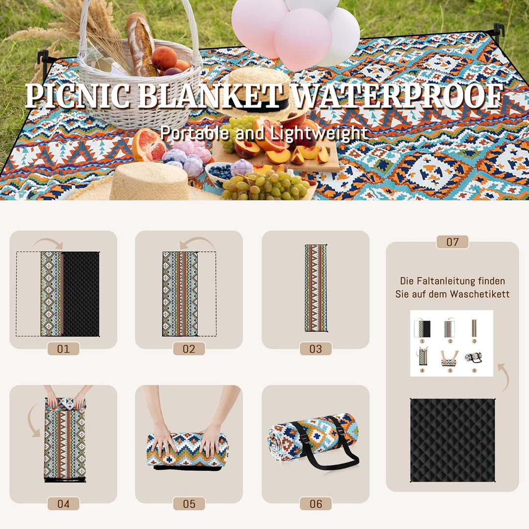 Gucass Boho Picknickdecke 200x300cm, Wasserdicht Stranddecke Sandfrei Strandmatte mit Tragegurt &amp; 4X