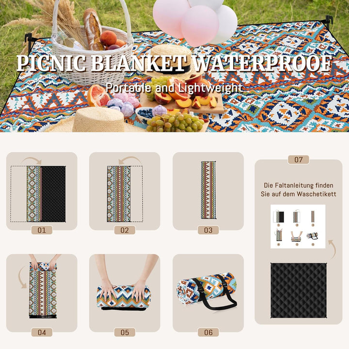 Gucass Boho Picknickdecke 200x300cm, Wasserdicht Stranddecke Sandfrei Strandmatte mit Tragegurt &amp; 4X