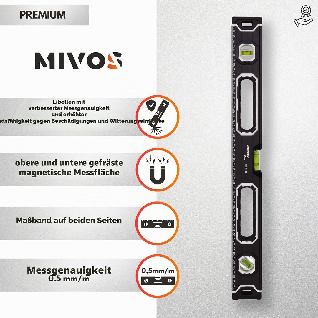 MIVOS - Aluminium Wasserwaage 60cm mit Magnet System und Aluminium-Gehäuse - Wasserwaage mit 3 Libel