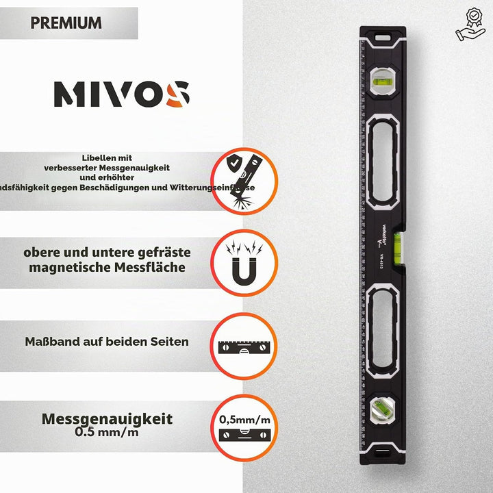 MIVOS - Aluminium Wasserwaage 60cm mit Magnet System und Aluminium-Gehäuse - Wasserwaage mit 3 Libel