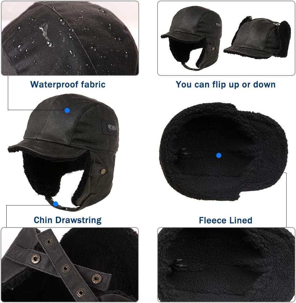 Comhats warme Trappermütze für Herren Kunstleder Hut Unisex Fliegermütze Fellmütze Erwachsenen Männe