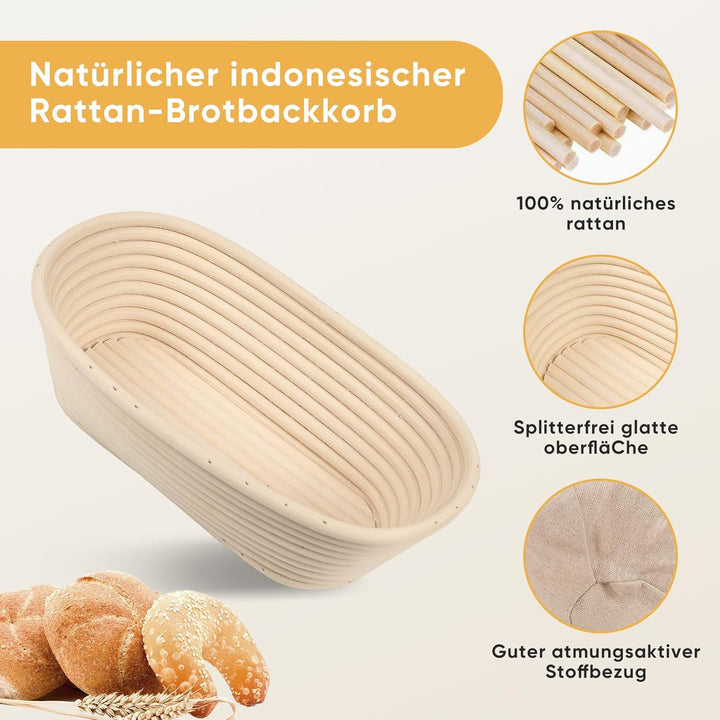 Gärkorb Brot Set,Gärkörbchen,25cm Oval Gärkorb Zum Brotbacken-Set für Professionelle und Häusliche B