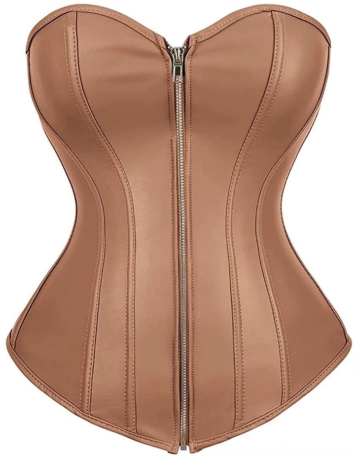 Josamogre Leder Korsett Top Damen Corsage Reissverschluss Sexy L Brown, L Brown