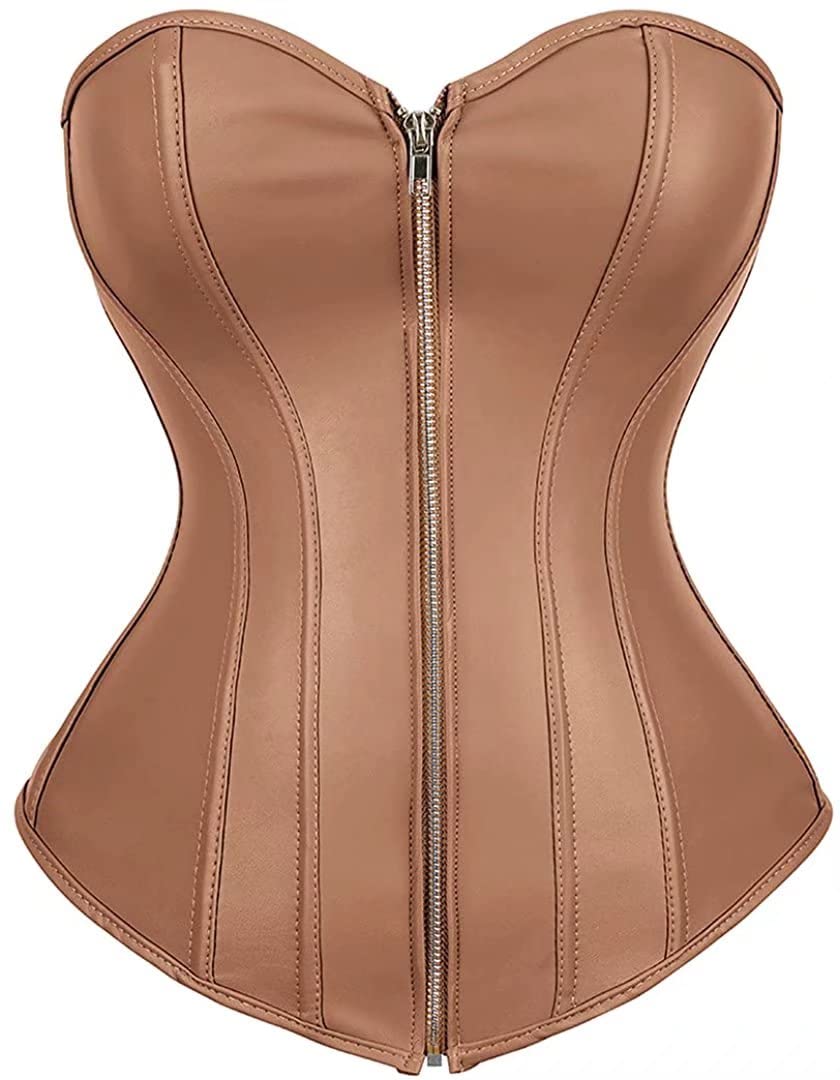 Josamogre Leder Korsett Top Damen Corsage Reissverschluss Sexy XXL Brown, XXL Brown