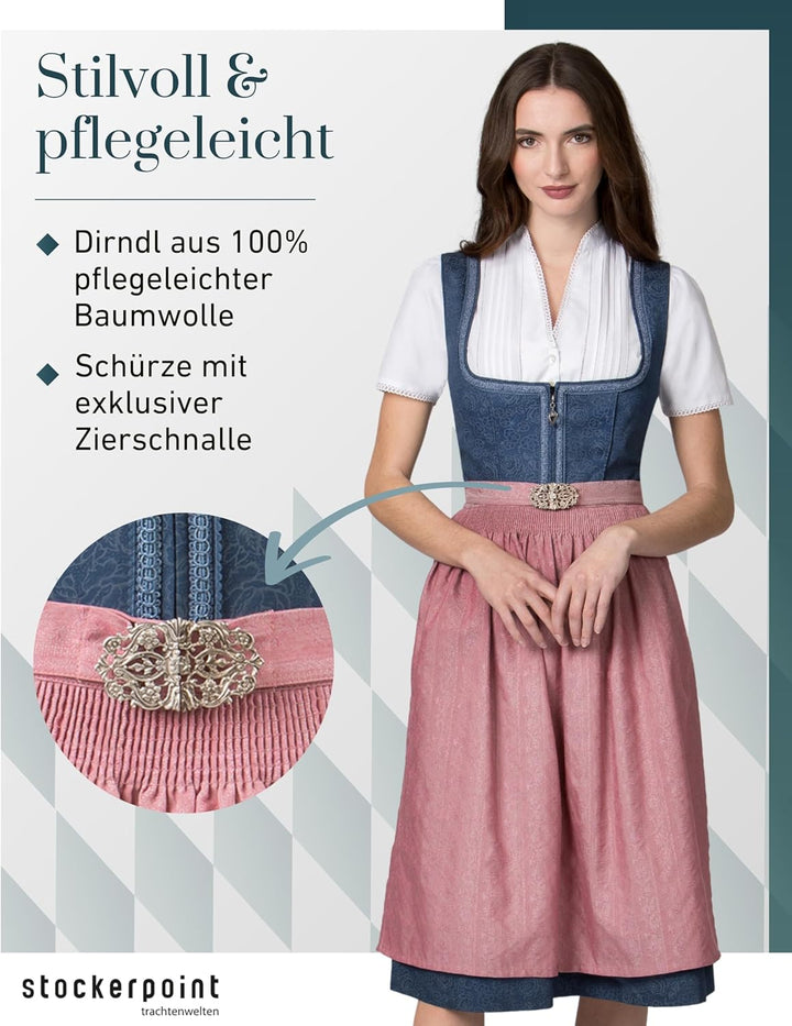 Stockerpoint Damen Dirndl Roseline Kleid für besondere Anlässe (ohne Bluse) 36 Blau-altrosa, 36 Blau