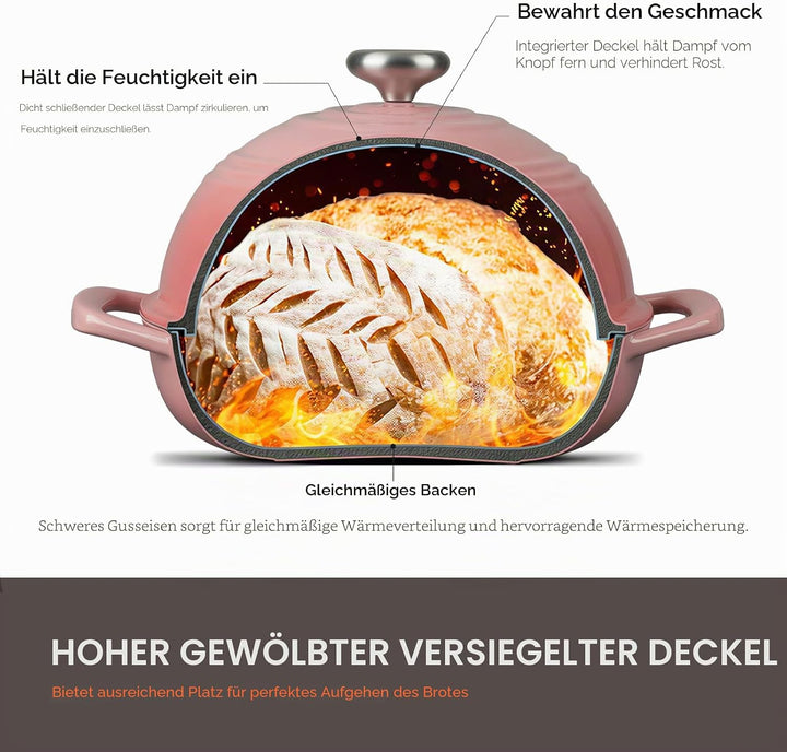 Overmont Gusseisen Topf Emaille Brotbacktopf - 5.7L Bräter Schmortopf mit Deckel und Kochbuch – für
