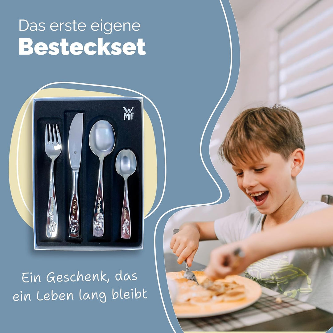 WMF Kinderbesteck mit Gravur 4-teilig - Tiere Motiv - Personalisiertes Kinderbesteck Edelstahl, Kind