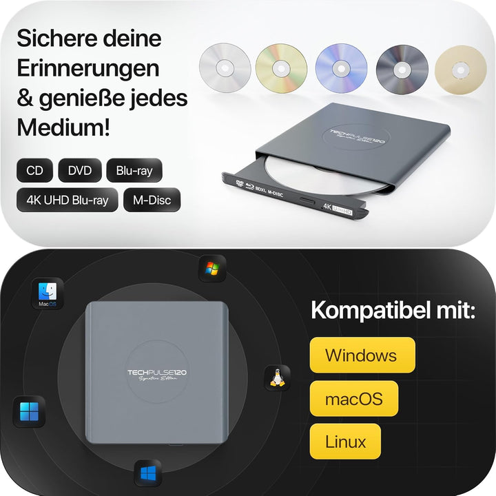 techPulse120 Externes USB 3.1 USB-C UHD 4k 3D M-DISC Blu-ray DVD CD HDR10 128GB Laufwerk Brenner Bur