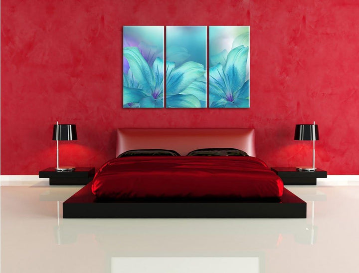 Pixxprint türkise Lilien als Leinwandbild | Grösse: 3 Teilig (120x80) | Wandbild| Kunstdruck | ferti