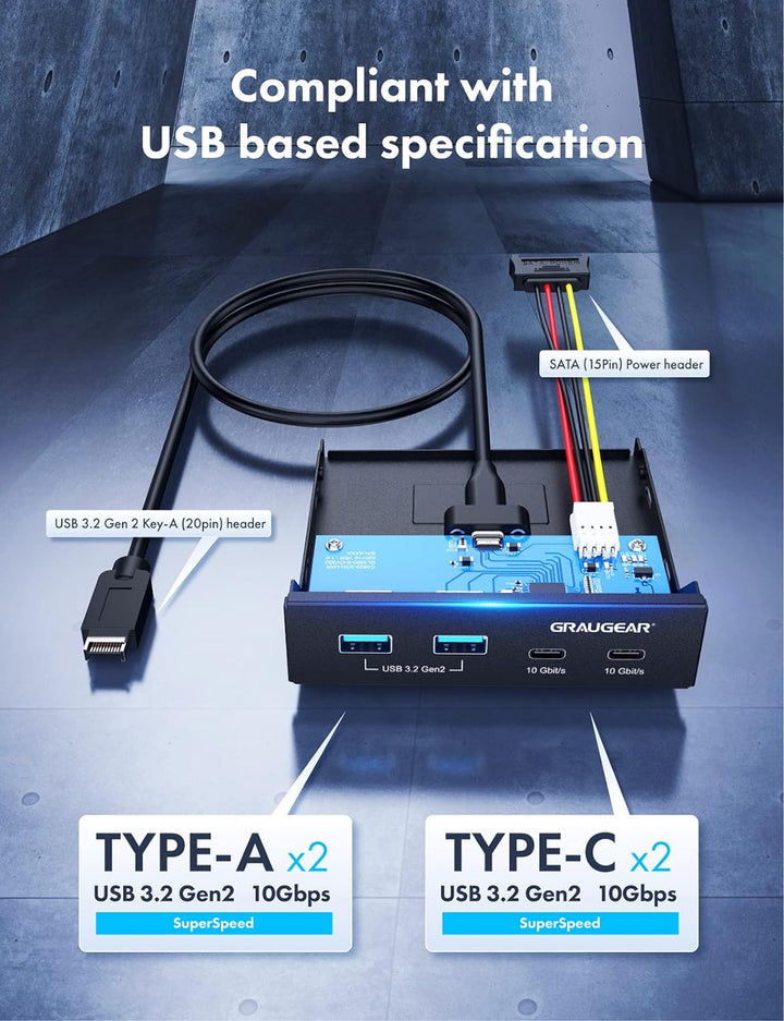 GRAUGEAR | 4 Anschlüsse 10Gbit/s Front-Panel | 2X USB-C+2X USB-A USB3.2 Gen2 HUB | Frontblende für 3