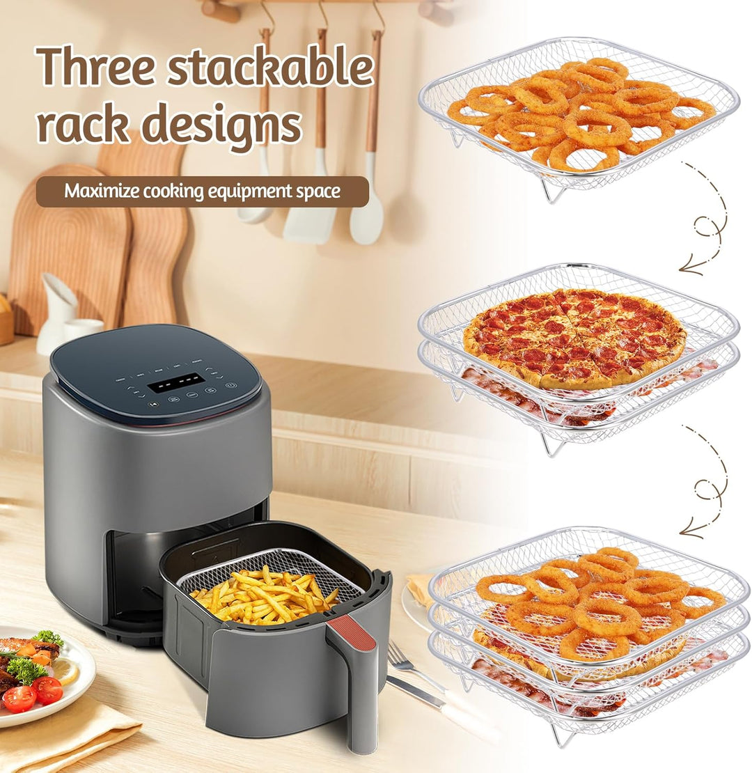 Luftfritteusen Regal aus 304 Edelstahl 3 lagig stapelbares, 20cm Gitter für Heissluftfritteuse Zubeh