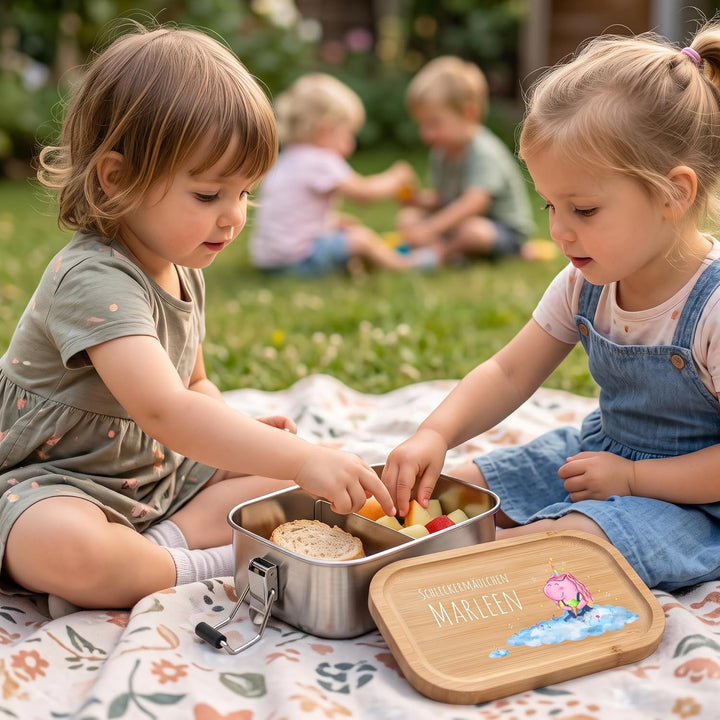 LOOXIS Personalisierte Lunchbox für Kinder – Personalisierbare Brotdose Namen und Motiv, Buchenholzd
