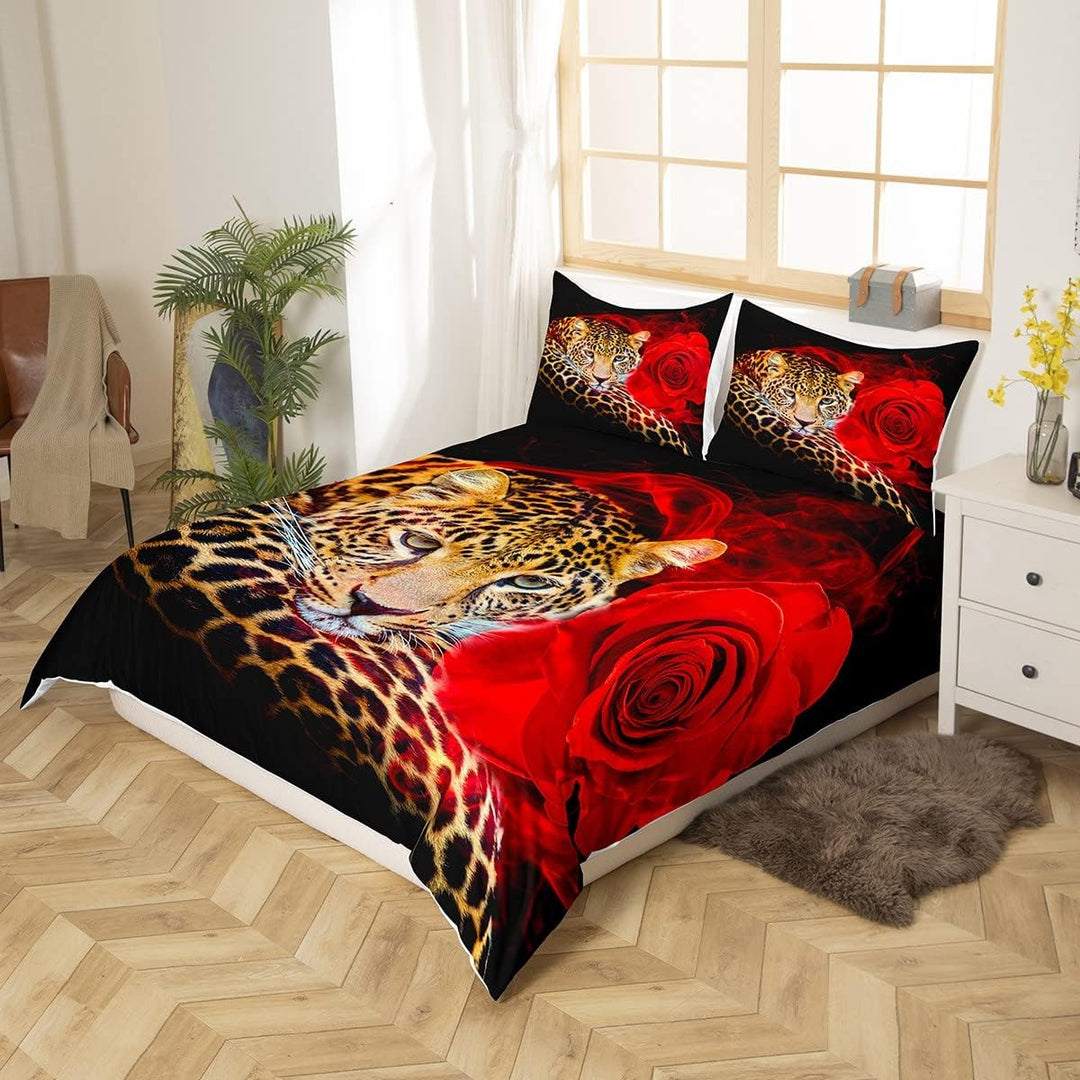 Loussiesd Leopard-Bettwäsche-Set für Mädchen, Jungen Kinder rote Rose Bettwäsche 135x200cm dekorativ