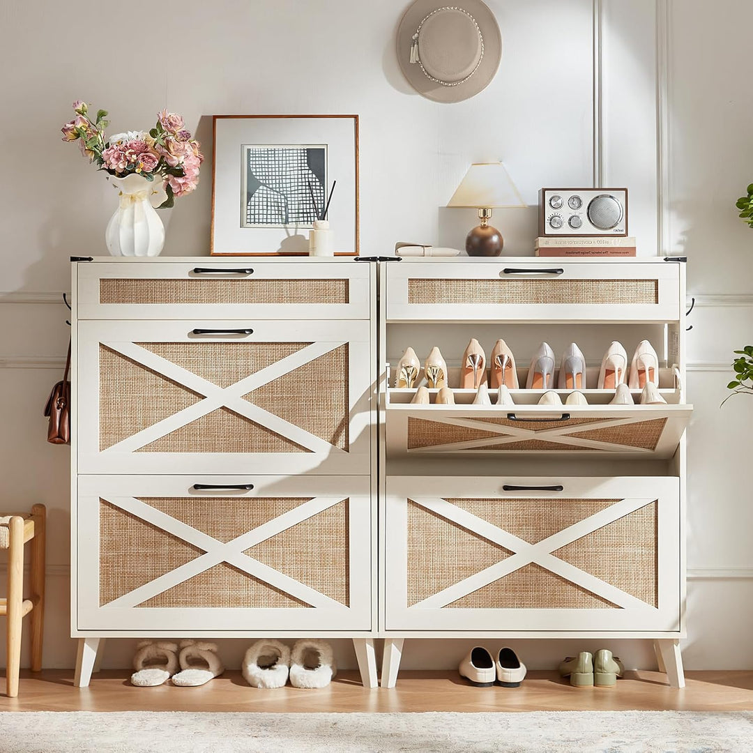 LELELINKY Schuhschrank für den Eingangsbereich mit 2 Rattan-Klappschubladen, schmaler Boho-Schuhschr