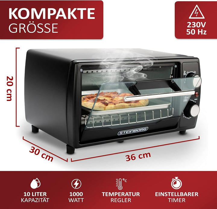 Mini Backofen | 1000 Watt | 10 Liter | inkl. Backblech und Grillrost | Pizzaofen | 90°-230°C | 60 mi