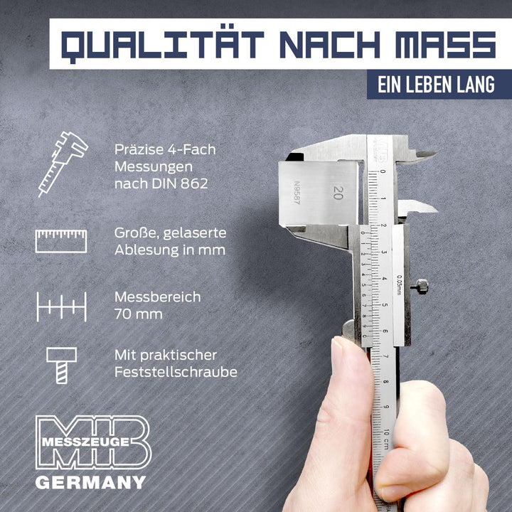MIB Klein-Messschieber mit Feststellschraube DIN 862 70mm | Schieblehre rostfreier Stahl | Analog Me