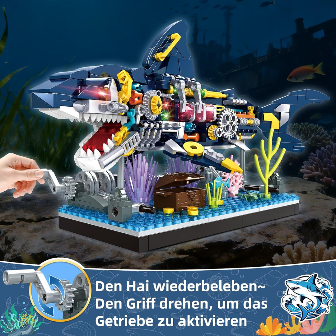 kiothdre Hai Bausatz mit Mechanische Drehbare Tier Hai Bauspielzeug, Meerestier Bausteine mit Stände