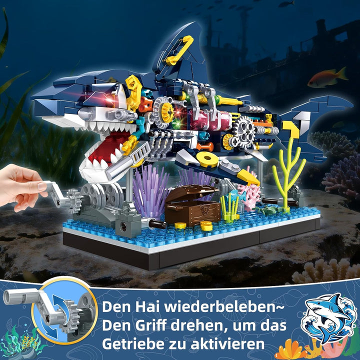 kiothdre Hai Bausatz mit Mechanische Drehbare Tier Hai Bauspielzeug, Meerestier Bausteine mit Stände