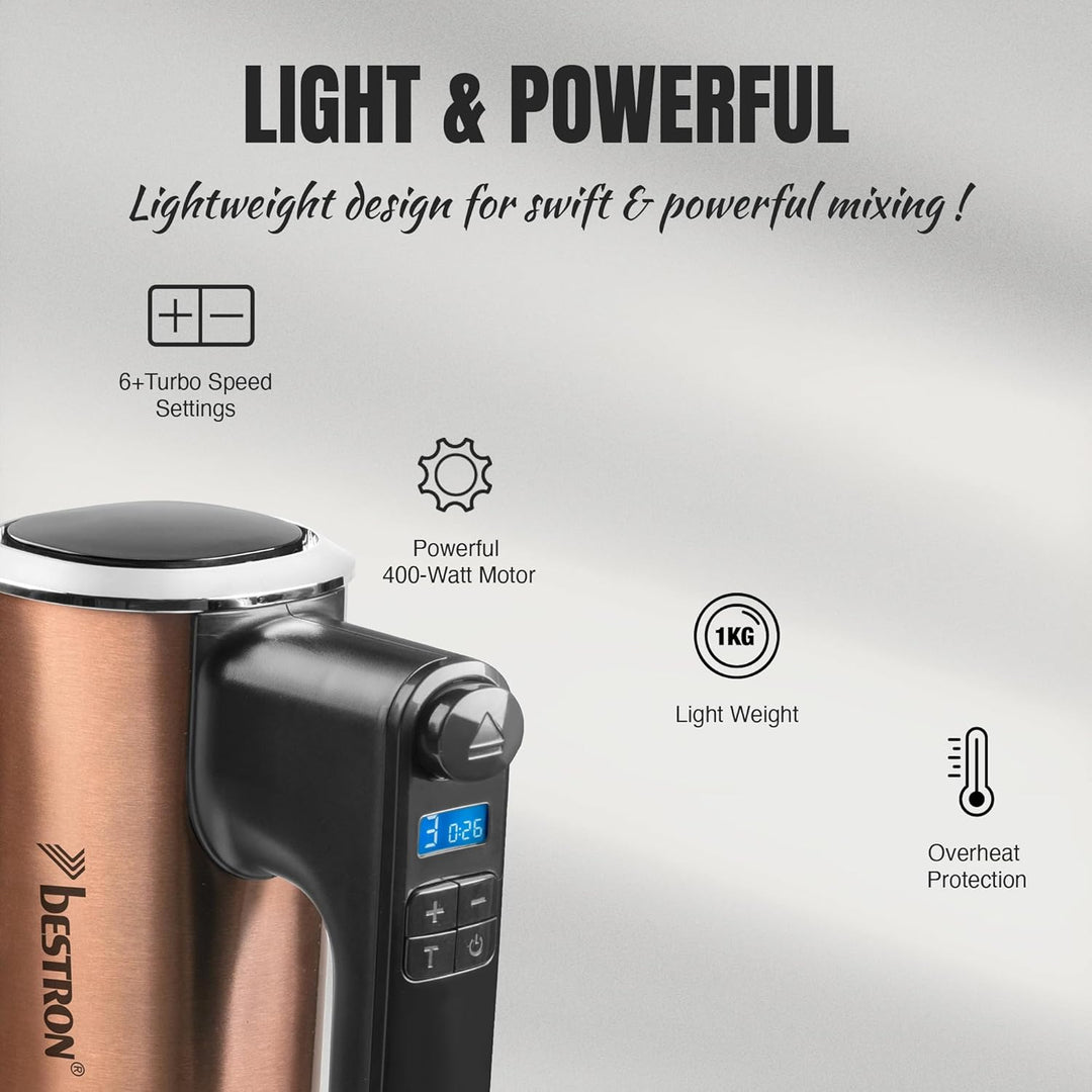 Bestron Power Handmixer, Leistungsstarker Handmixer mit 6 Stufen, Turbo-Funktion & LCD-Display, Rühr