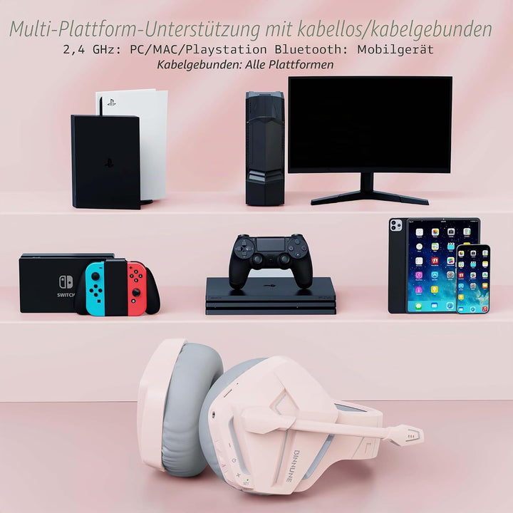 BINNUNE Gaming Headset, Wireless Headset für PS4 PS5 PC PlayStation 4 5, Gaming Kopfhörer mit Mikrof