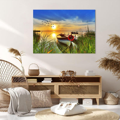 Bilder auf Leinwand 100x70cm Leinwandbild Boot See Sonnenuntergang Sommer Menschen Gross Wanddeko Bi