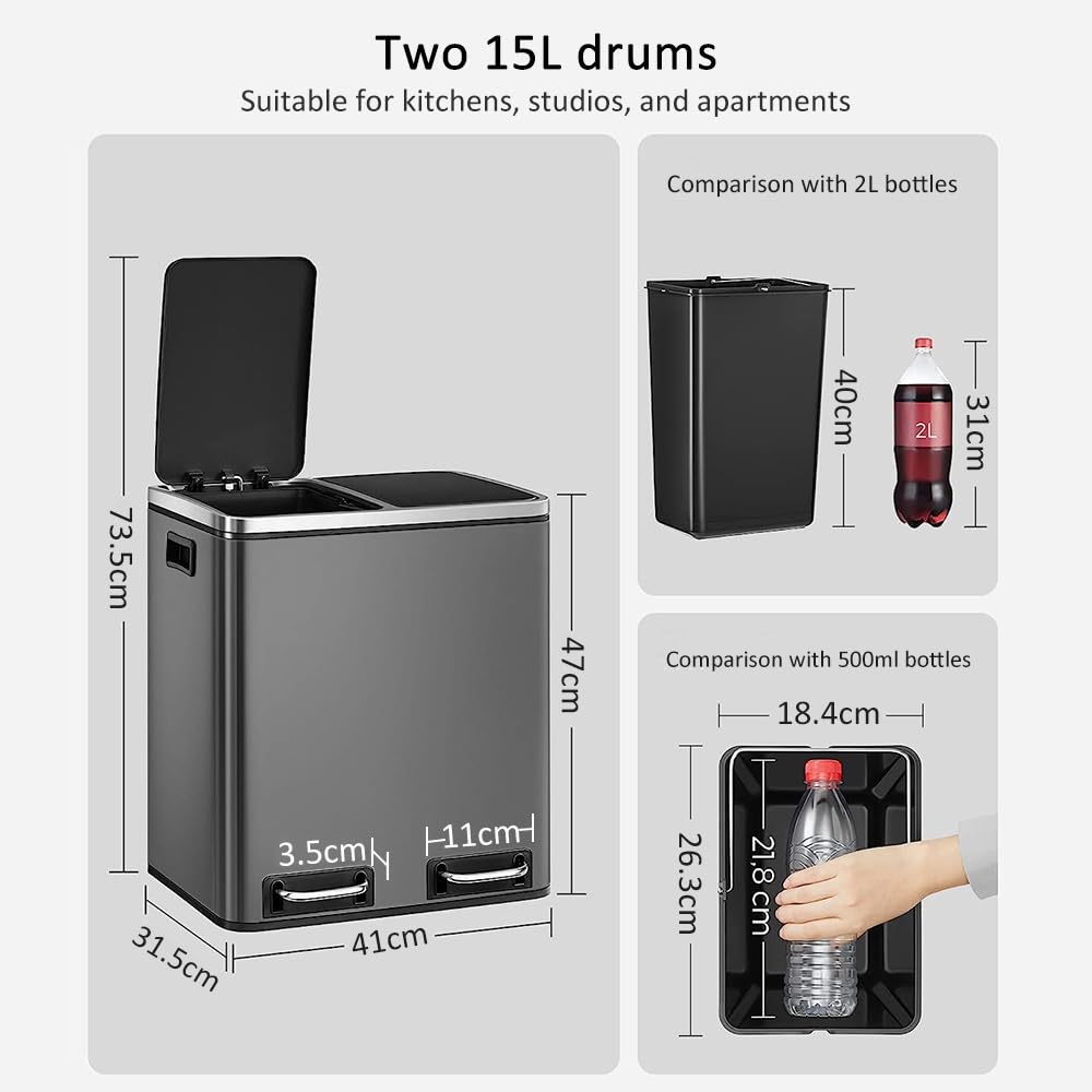 Panana Mülleimer, 2 x 15 L, 2 Fächer, Mülltrennsystem, Treteimer, Abfalleimer Küche, 15 Müllsäcke, a