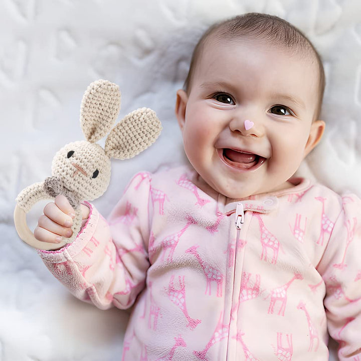 Youuys Babyrassel Gehäkelte Holz Häkeln Tiere Greifling Baby Holz Rassel Baby mit Sound Handmade Ras