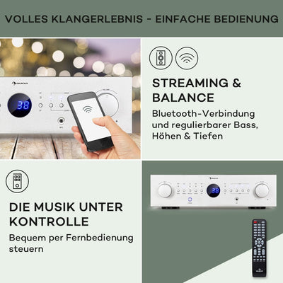 Auna Verstärker, HiFi Stereo Mini Verstärker, HiFi-Verstärker mit Bass & Treble Regler, 4 Kanal Audi