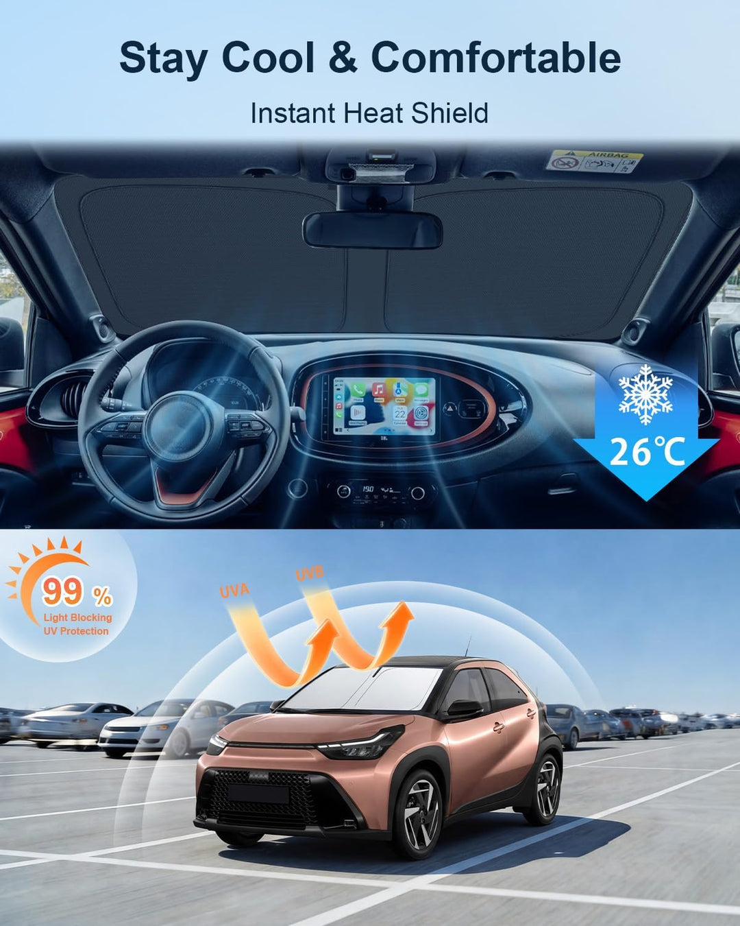 BIXUAN Frontscheiben-Sonnenschutz kompatibel mit Toyota Aygo 2014-2025 Auto Sonnenschutz Abdeckung f