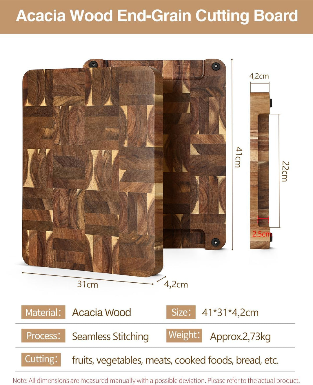 XINZUO Akazienholz Hirnholz-Schneidebrett(41x31x4.2cm), Holzbrett Küche Hackbretter Aufschnittbrett