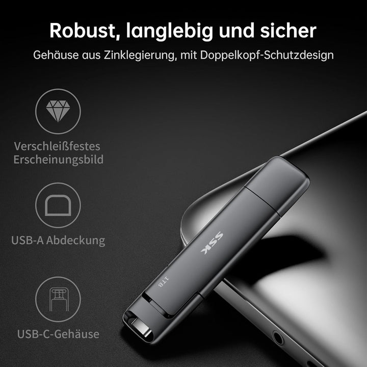 SSK USB C Externe SSD 256GB, mit bis zu 550 MB/s Extreme schneller USB-Stick, Dual-USB Typ C + A USB