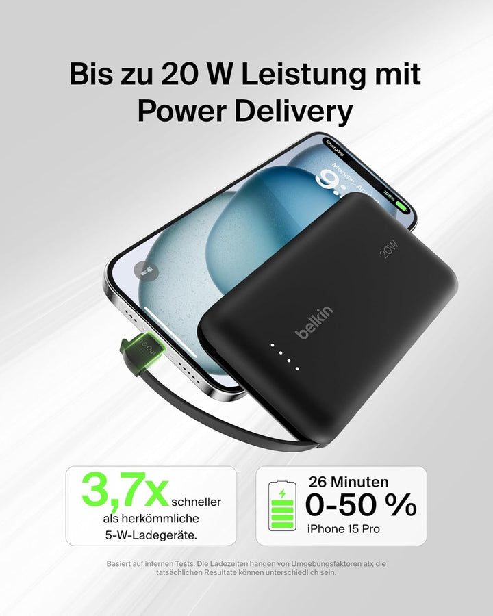 Belkin BoostCharge Power Bank, Portable Powerbank 10000mAh mit integriertem Kabel, PD 20 W – USB-C P