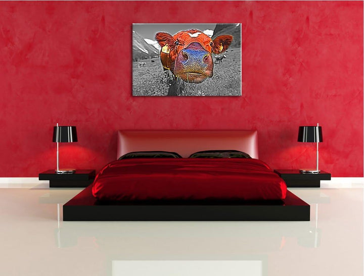 hübsche Kuh auf schöner Bergwiese Format: 120x80 auf Leinwand, XXL riesige Bilder fertig gerahmt mit