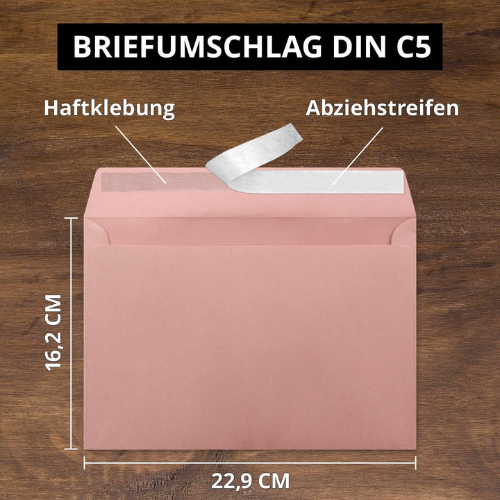 100x Briefumschläge DIN C5 Altrosa (Rosa) - 16,2 x 22,9 cm - Haftklebung - Edle Kuverts für grosse E