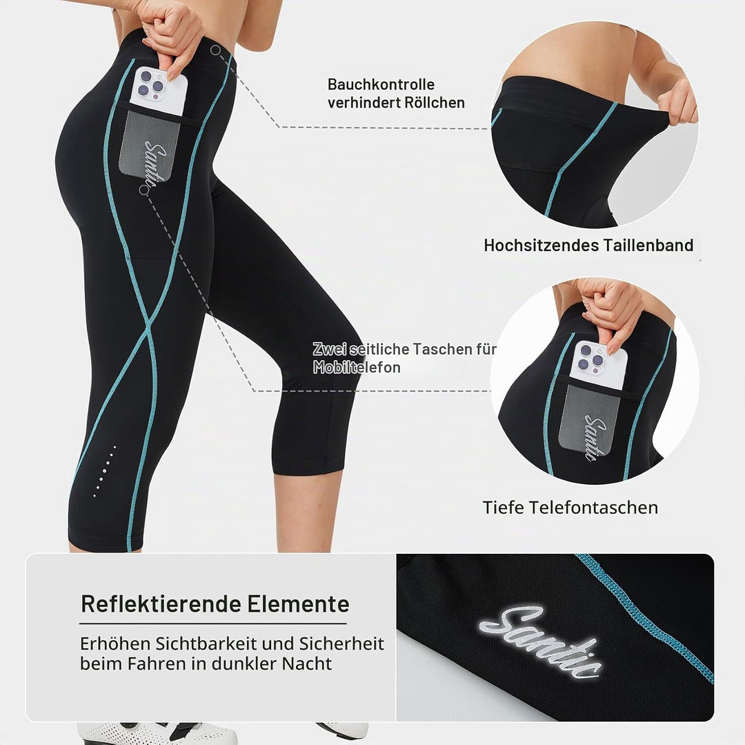 Santic Radlerhose Damen 3/4 Gepolstert Fahrradhose Damen mit Polster Radhose Damen M Schwarz, M Schw