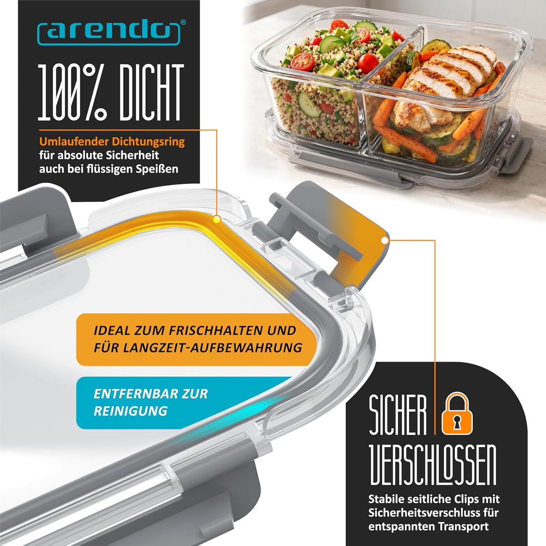 Arendo - Lunchboxen Glas - 2 Fächer - Frischhaltedosen für Lebensmittel mit Deckel luftdicht - 2er S