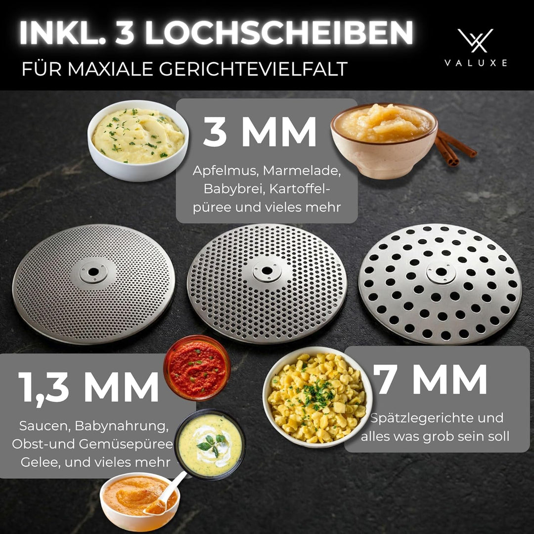 VALUXE® Premium Passiermühle Edelstahl mit 3 Passiersieb-Einlagen – mit 2,3 L Füllvolumen und rutsch