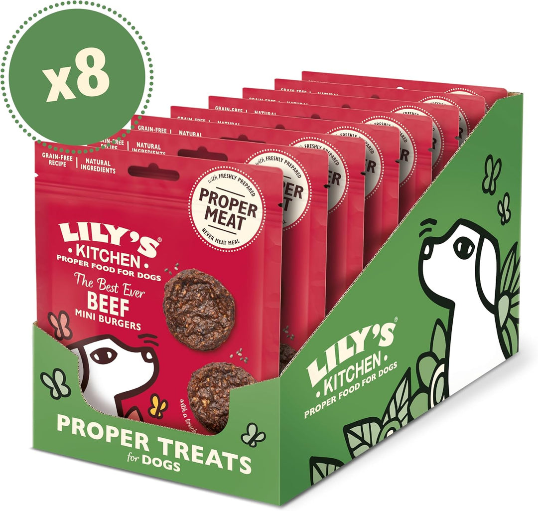 Lily’s Kitchen Leckerchen für ausgewachsene Hunde 8er Pack (8 x 70 g) Mini Burgers mit 80 % Rind