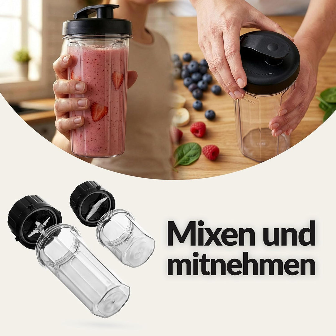 LEHMANN Standmixer mit Glasbehälter 1,7 L & Mix-und-go-Behälter, 10 Geschwindigkeiten, Puls & 3 Prog