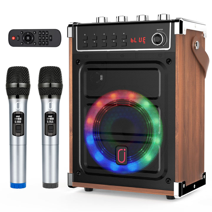 JYX Karaoke Maschine mit 2 UHF-Funkmikrofonen, Bluetooth-Lautsprecher mit Bass-/Höhen-Einstellung un
