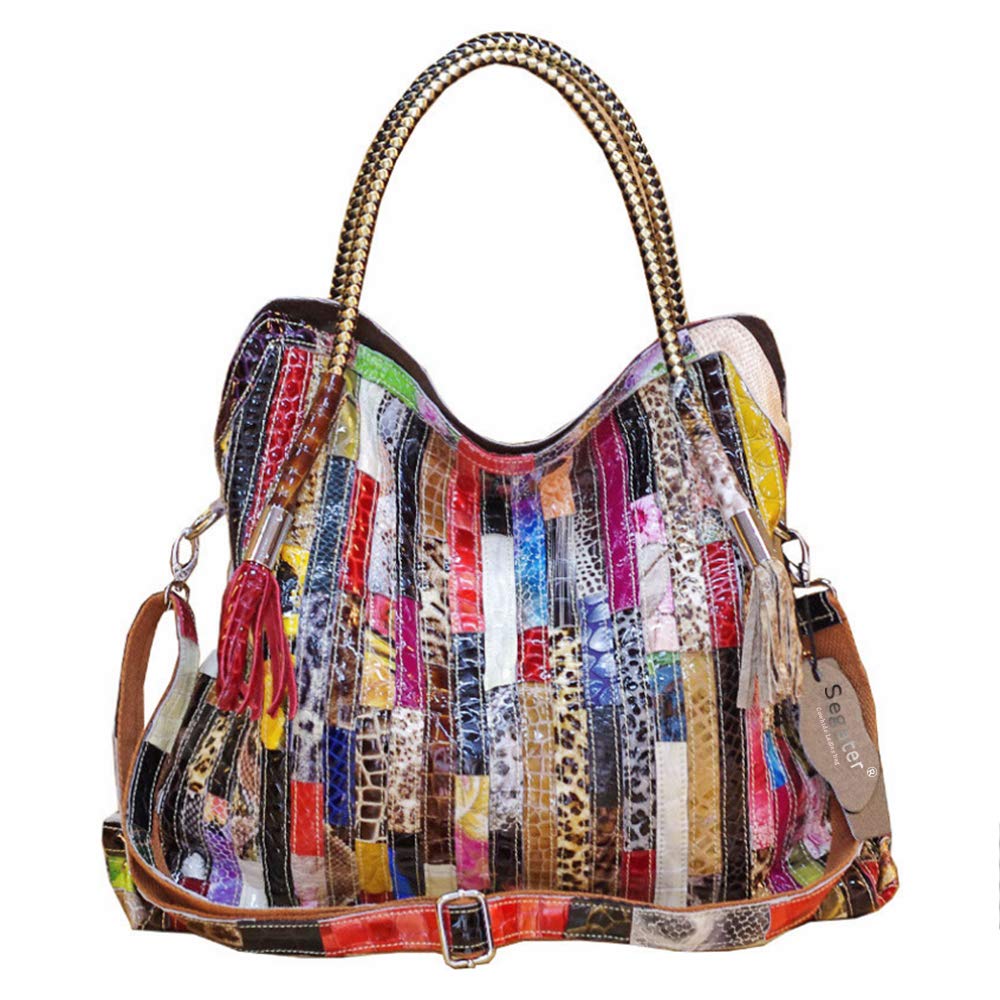 Damen Multicolor Einkaufstasche Echtes Leder Handtasche Bunte Patchwork Grosse Umhängetasche Shopper