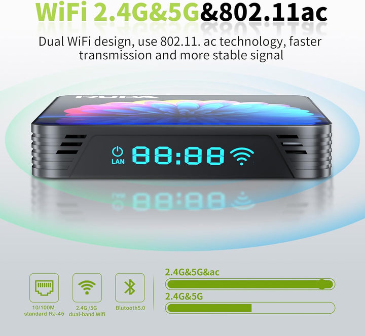 RUPA Android TV Box, 2025 8K Neueste Android Box 13.0 mit RAM 4G ROM 64G WiFi6 Enternet 10/100M Blue