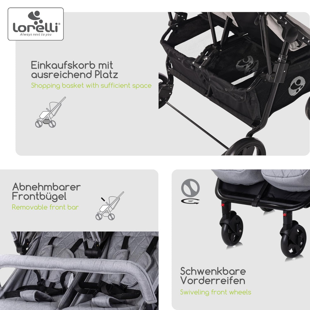 Lorelli Zwillingskinderwagen Duo, Zwillingsbuggy klein faltbar für 2 Kinder, sehr leicht, Zwillingsw